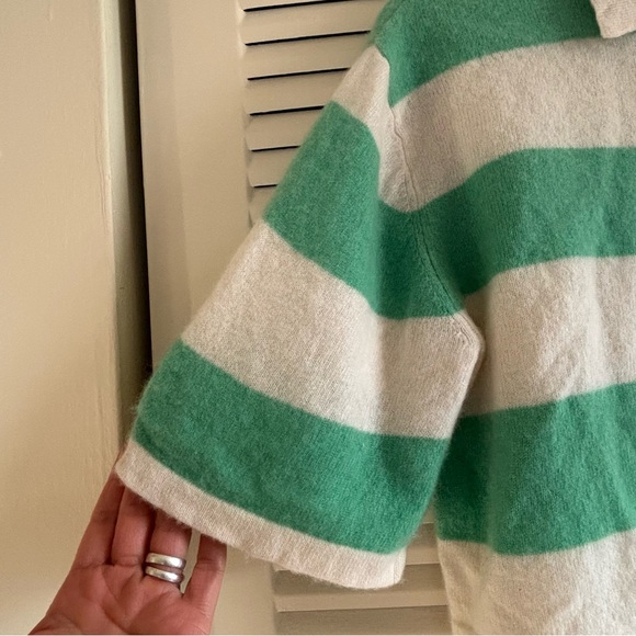 Rachel Zoe Women’s 100% Cashmere Striped Polo Sweater Cropped Green White Size - Picture 12 of 13